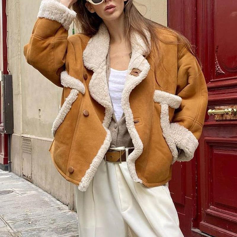 FUNSEED Winter Coat Warm Thick for Women, Fashionable Retro Casual Oversized Warm Fleece Jacket with Pockets