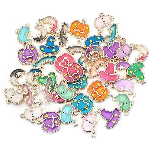 WOCRAFT 42 pcs Mix Halloween Charms Pumpkin Ghost Wizard Hat Moon Bat Pendant for Jewelry Making Necklace Bracelet Earring and Slime DIY Jewelry Accessories Charms (M503)