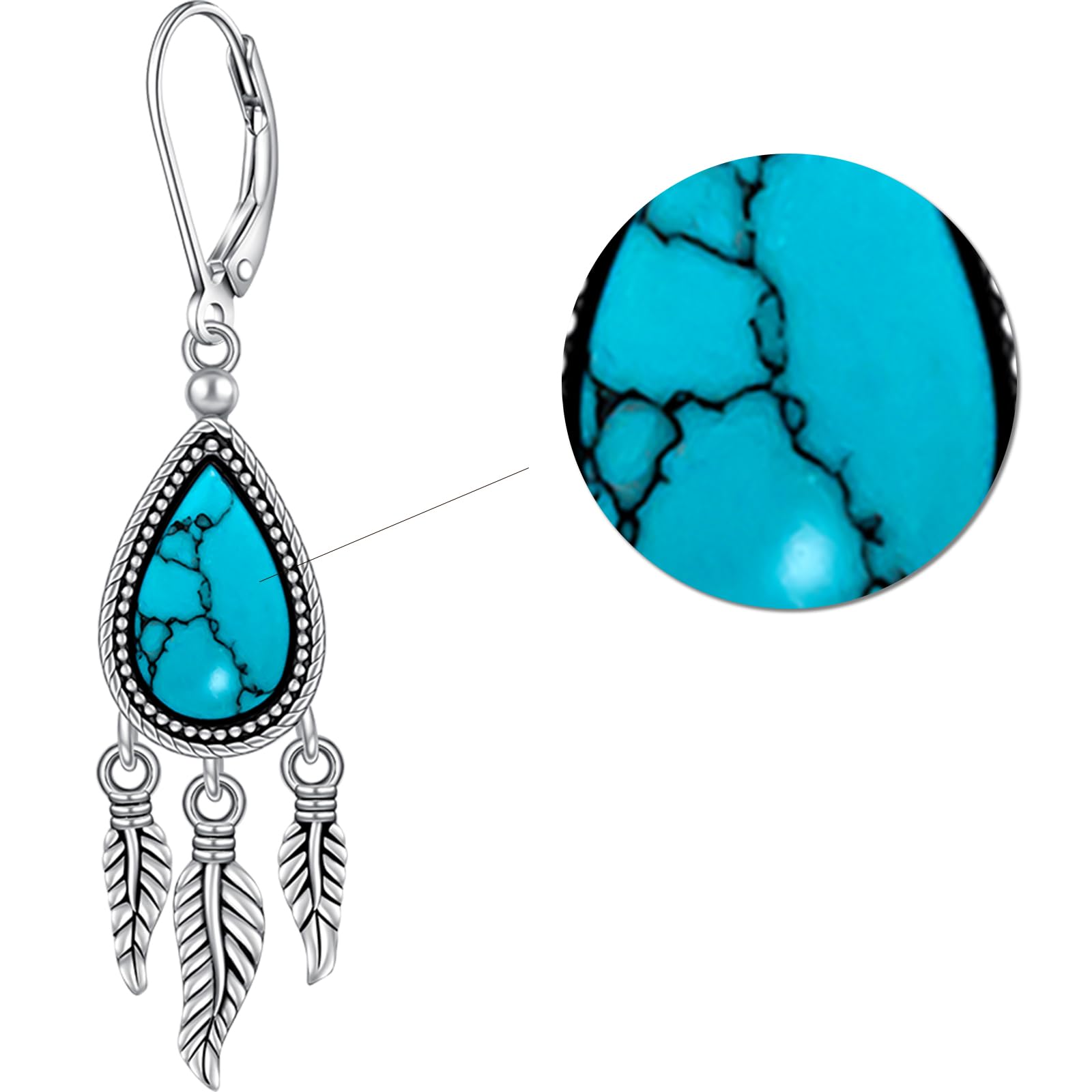 Orecchini a forma di piuma, da donna, in argento Sterling, con turchese autentico, pendenti, monachella, regalo per la festa della mamma, 1 inches x 0.35 inches, Argento sterling, Zirconie sintetico
