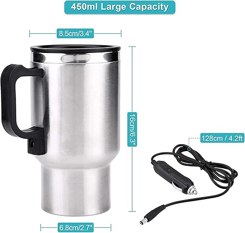 Miniatura 5 de Taza de calefacción para coche de 12 V, 15.2 fl oz, acero inoxidable, caldera de caldera de caldera de caldera portátil para café, té, tazas