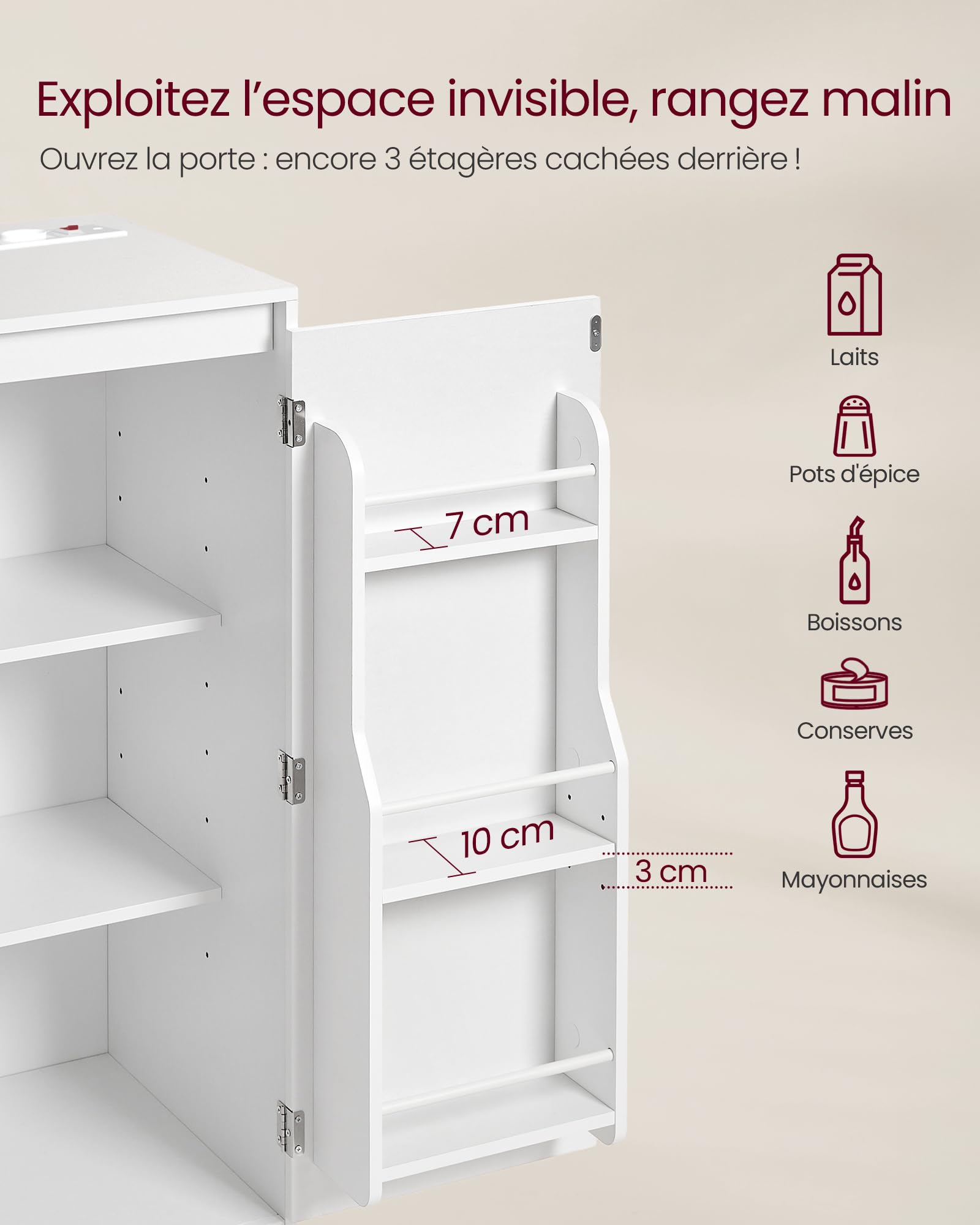 VASAGLE KAILYN Collection - Buffet Cuisine, Meuble de Rangement, Vaisseliers, avec Plan de Travail, Étagère pour Micro-onde, 1 Compartiment Ouvert, 3 Portes, Étagères Réglables, Blanc Nuage BBK373WB01