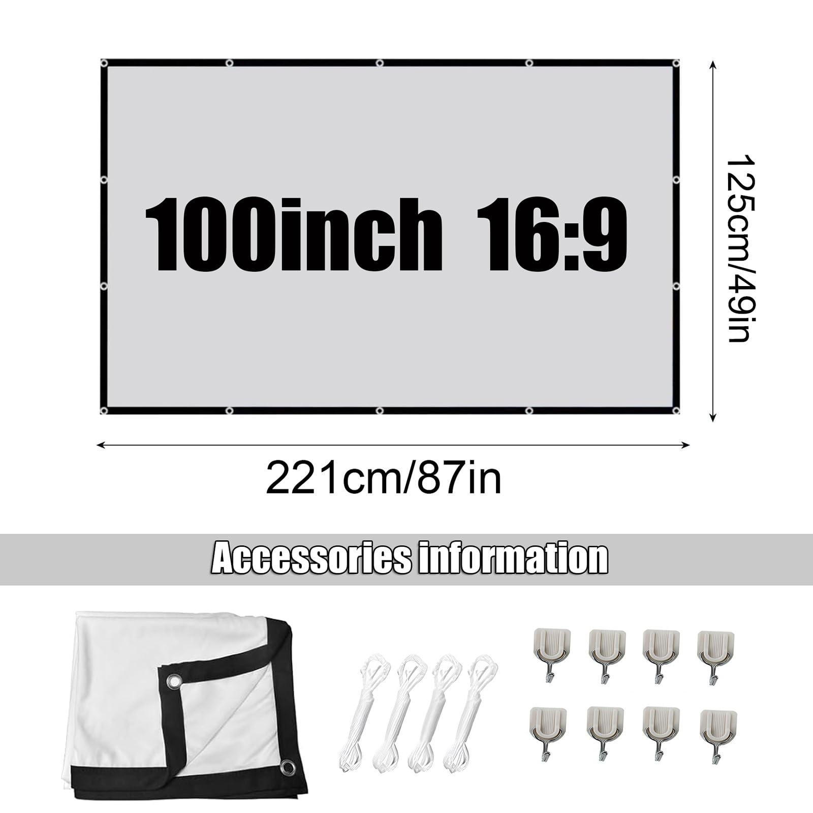 Telo per Proiettore da Esterno, 100/120/150 pollici, 16:9, Pieghevole, Antipiega, Schermo per Proiettore per Campeggio, Feste, Home Theater in Giardino(100inch(16:9))