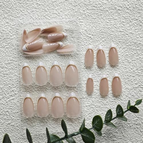 Image of White French tip Press on Nails Medium Almond Fake Nails Nude Glossy False Nail with Design 3D Gold Stripes Glue on Nails Artificial Acrylic Nail Full Cover Stick on Nail for Women Manicure 24pcs