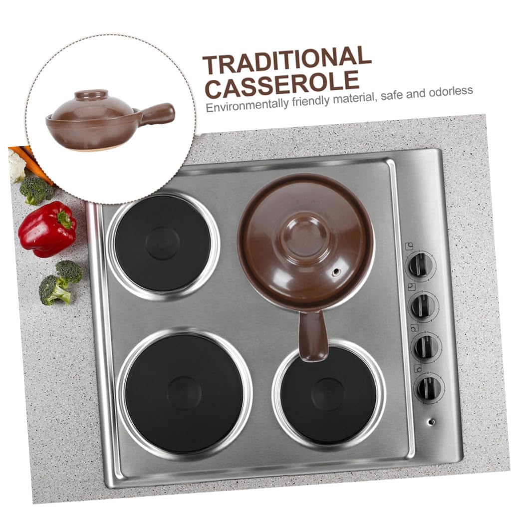 Cazuela de Arcilla para Estofado Asa Lateral 950ml Café | Moldeado Pieza, Tapa Salida de Vapor, Apta para Sopa y Guisos en Casa o Restaurante