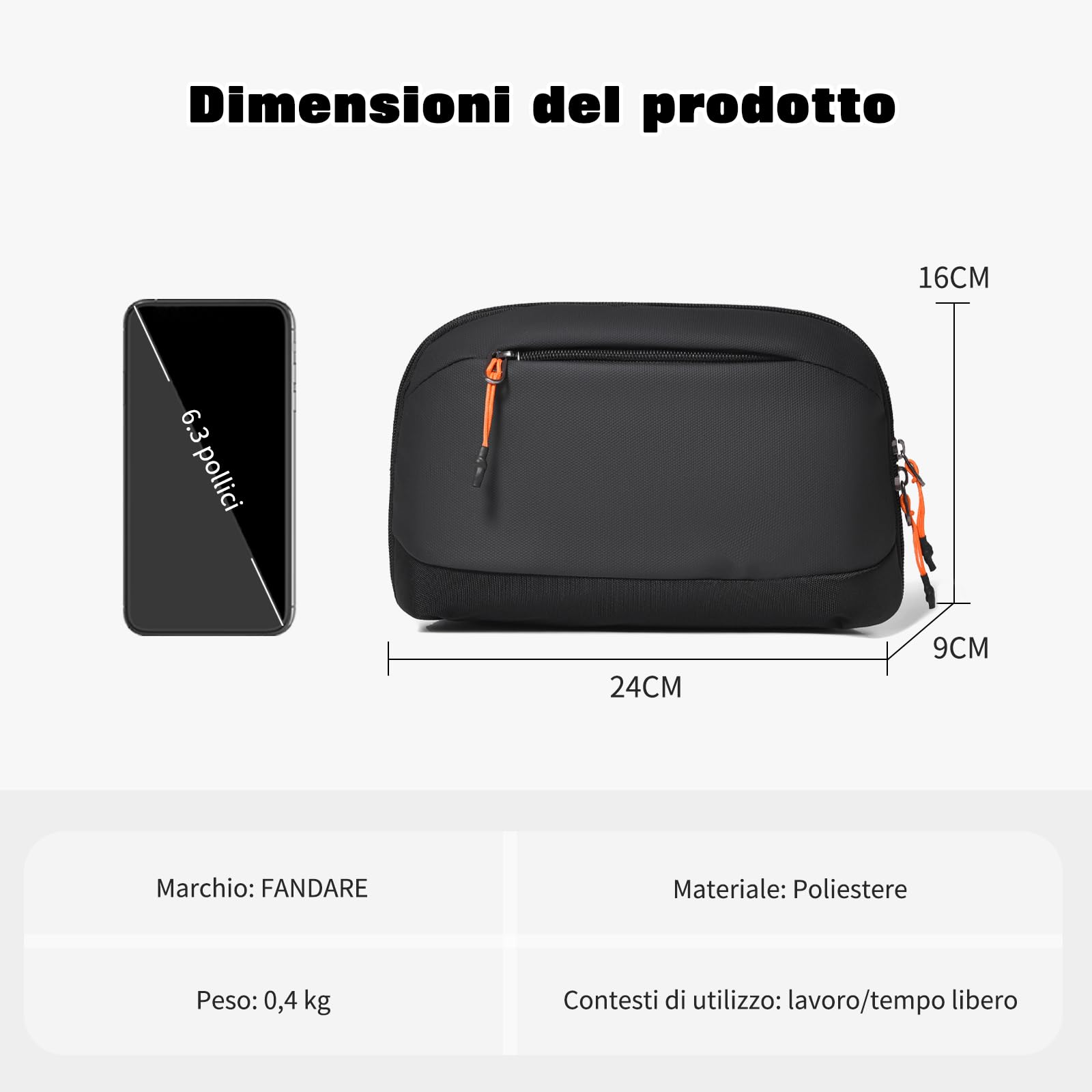 FANDARE Custodia Organizer Portatile per Cavi e Accessori Elettronici Nero | 5 scomparti pieghevoli, elastico anti-groviglio, tasca per batteria, apertura 180°, leggero in poliestere