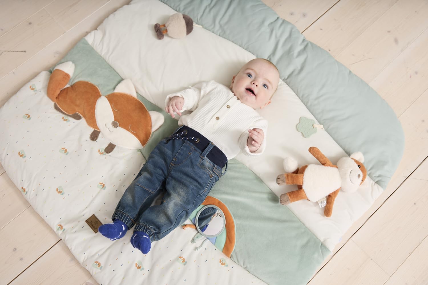 Sterntaler Spieldecke Fuchs Filou - 100x100cm - wattierte Baby Activity Decke mit Spiegelfolie, Quietsche, Rassel & Beißring - Krabbeldecke waschbar - Geschenk Idee - Jungen & Mädchen, lichtgrau
