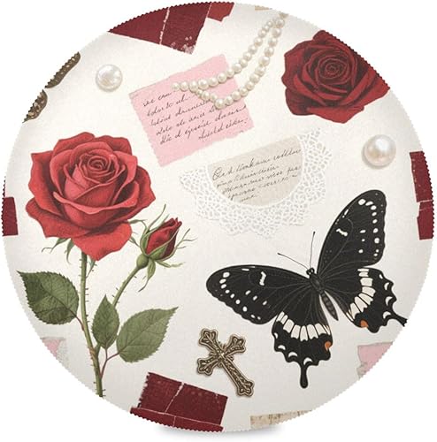 Miniatura 1 de Juego de 6 manteles individuales redondos con rosas románticas rojas, antideslizantes, reversibles, acolchados individuales para mesa de papel de