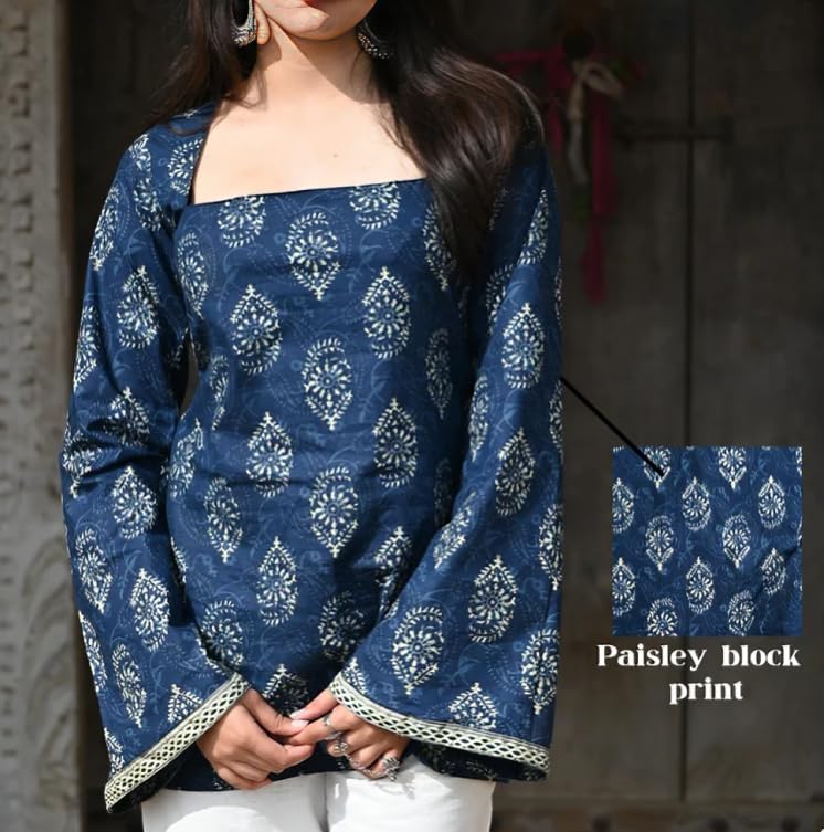 Image of Women Pure Cotton Floral Printed Short Kurti | Square Neck | Full Sleeves | Stylish Ethnic Kurta | Back Tie-Up | Casual Wear Kurta