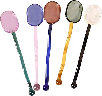 5 Pieces Glass Spoons - 6.1 inch Coffee Teaspoons, Heat Resistant Stirrers for Tea, Sugar, Home Bar Party 5 Color