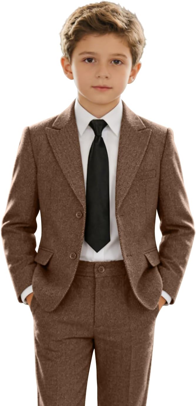 Boys Suits Herringbone Tweed Slim Fit 4 Pieces for Kids Formal Wedding Tuxedo Suit Jacket Set Dress Clothes for Party