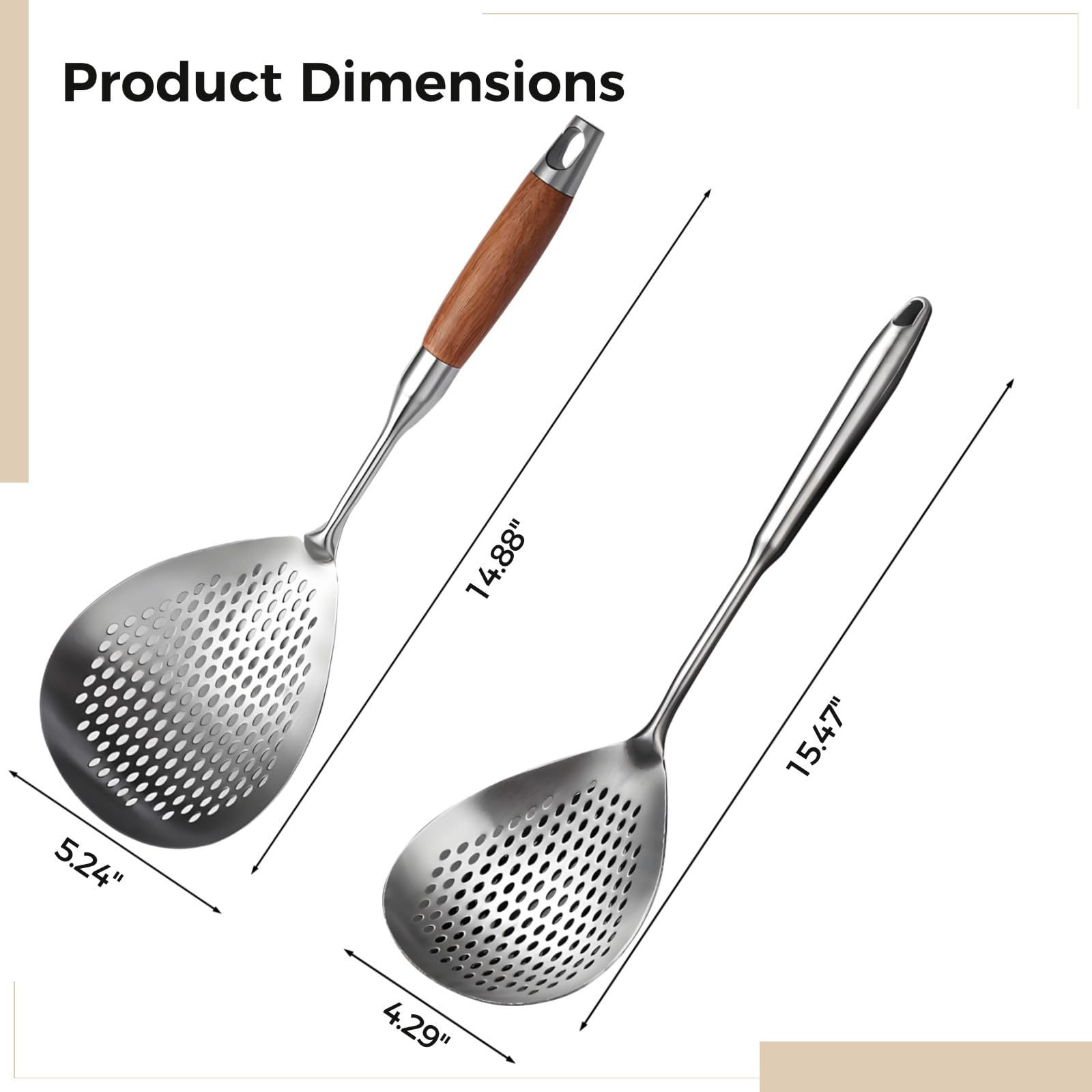 2 Stk. Schöpflöffel mit Schlitz, Frittier-Siebkellen mit Holz- und Edelstahlgriff, Ölsieb-Löffel zum Frittieren, für Nudeln, Teigtaschen und Kochen, für Küche und Alltag