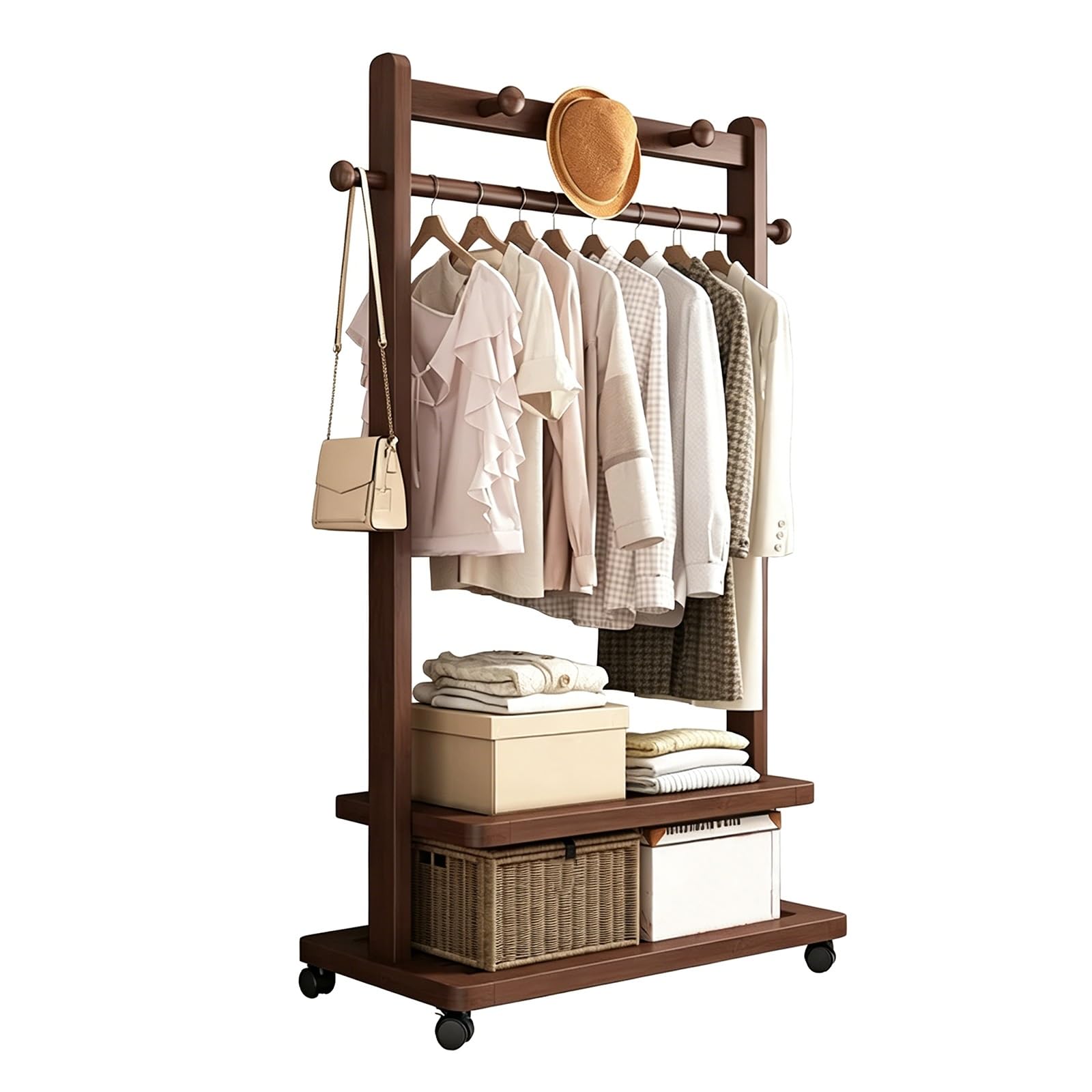 lyxamjrzyp Bamboo Clothes Rack with Wheels, Freestanding Clothing Rack, Portable Garment Organizer for Bedroom Living Room Entryway Closet(Brown,Large)