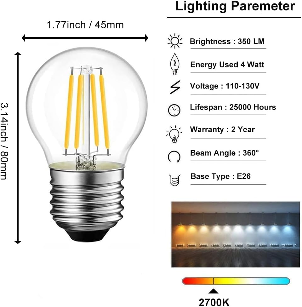 Vintage Edison Bulb G45-4W LED Filament Light, Globe Shape E26 Base, Warm White 2700K, Dimmable (4W)