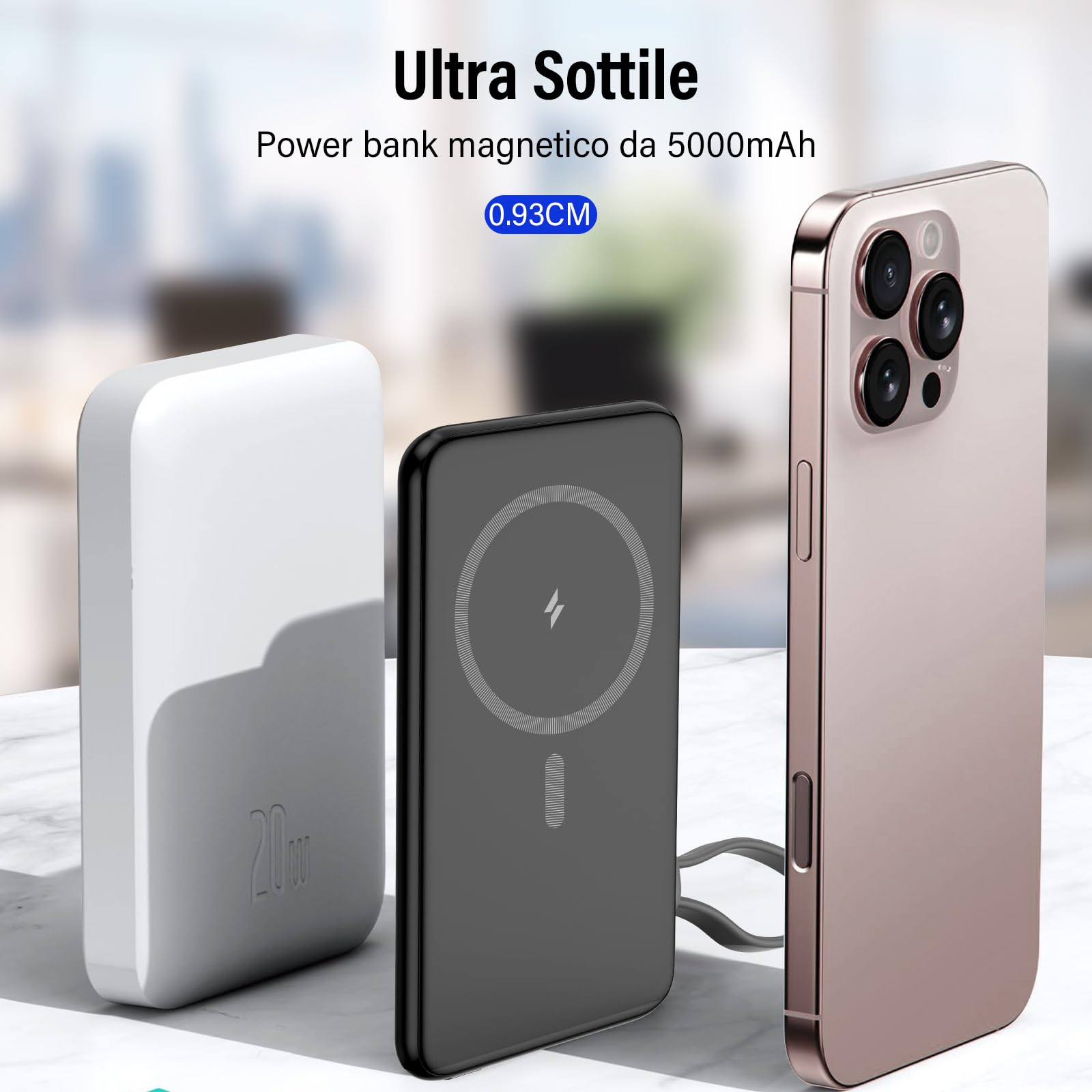 Magsafe Power Bank 5000mAh, Caricatore Portatile Magnetico, Slim PD 20W Ricarica Rapida Wireless PowerBank, USB-C Battery Pack cavo di Ricarica con Cordino per iPhone 16/15/14/13/12/Pro/Pro/Max