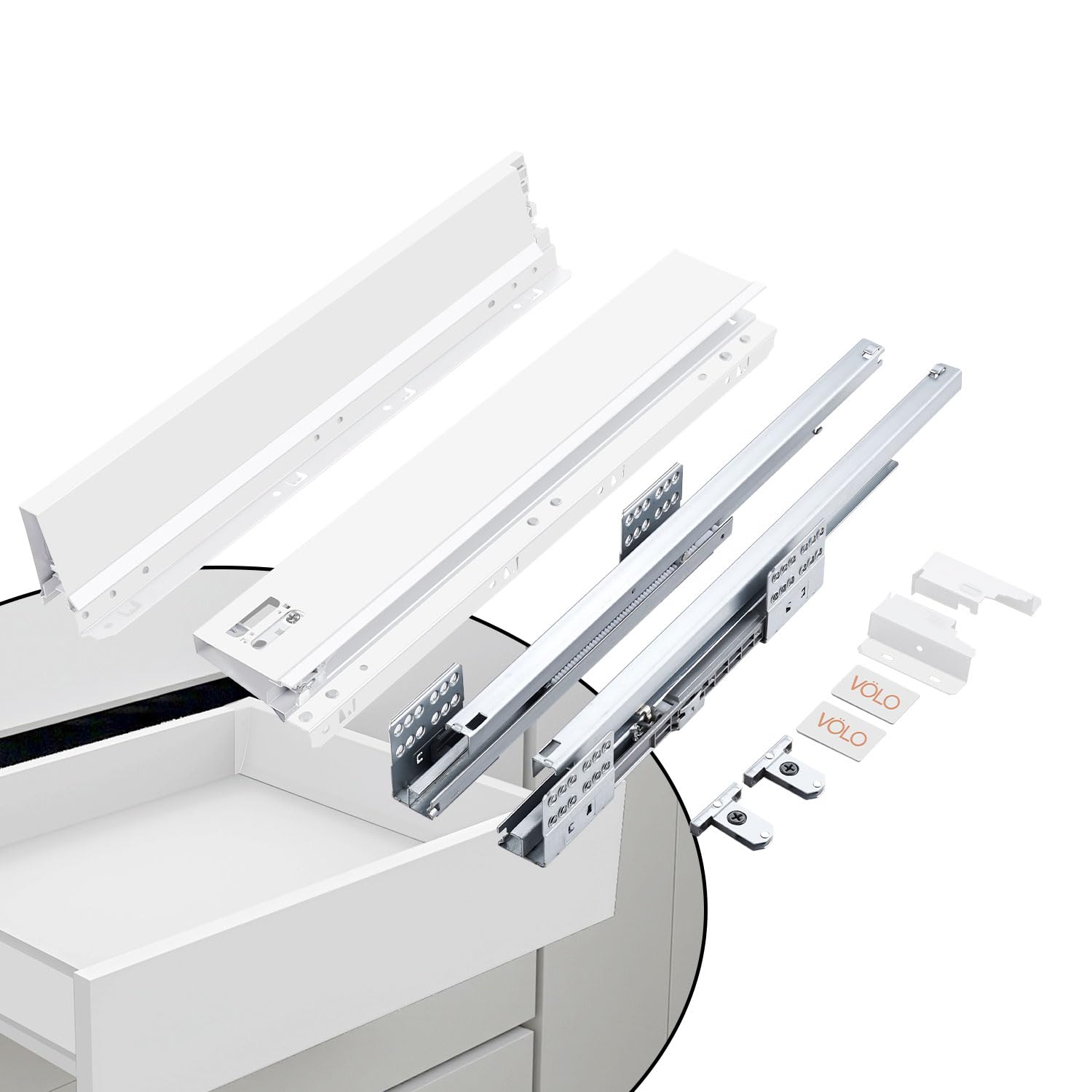 VOLO Heavy Duty 50 Kg Soft Close Tandem Drawer Box for Modular Kitchen – White Metal Drawer System, 4 Inch Height, 500mm Depth