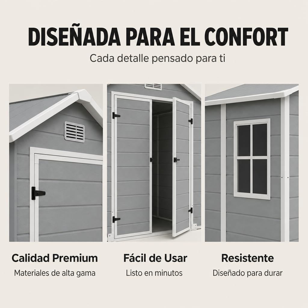 Caseta de Jardín de Resina – Cobertizo Exterior de Polipropileno Resistente a la Intemperie, con Cierre de Seguridad, Montaje Fácil y Gran Capacidad para Herramientas (185×152×220 cm(2,81 m²))