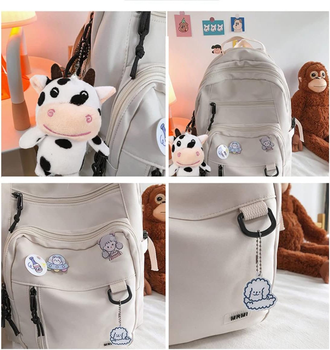 Cute Aesthetic Backpack for teen girls middle school Bag Student Laptop White Backpacks With Cute pin accessories (White, One Size) - Image 5