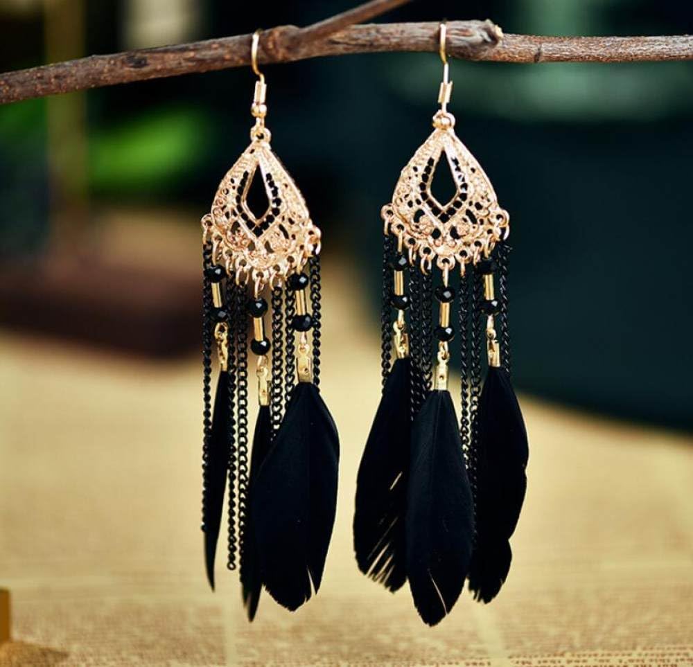 Pendientes de mujer, pendientes de plumas bohemias, pendientes de formas florales huecas geométricas exageradas, elegantes pendientes de borlas de cadena de cuentas de arroz con gancho de crochet, reg