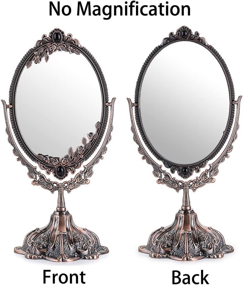 JUXYES Metal Tabletop Antique Decorative Makeup Mirror with Stand, Vintage Swivel Double Sided Cosmetic Mirror with Frame, Retro Desktop Oval Dressing Mirror for Bathroom Bedroom
