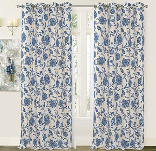 DriftAway Linen Floral Paisley Blue Blackout Curtains for Living Room Bedroom 84 Inch Length 2 Panels Lined Grommet Window Drapes Thermal Farmhouse Country Jacobean Curtains