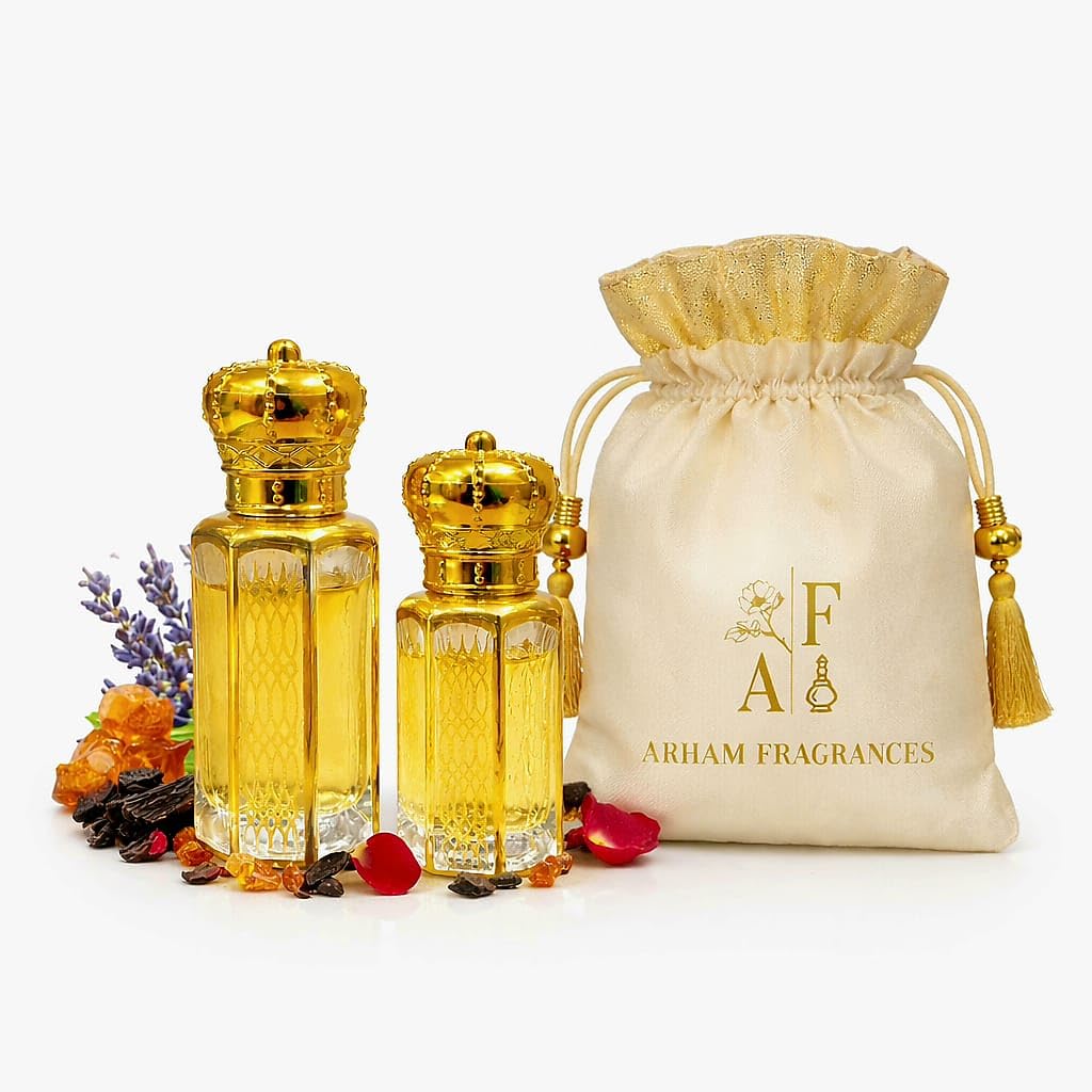 Attar Combo, Paris 12ml and Flora 6ml, Traditional Perfume Oil Set, Decorative Golden Glass Bottles, Pack of 2-image-3