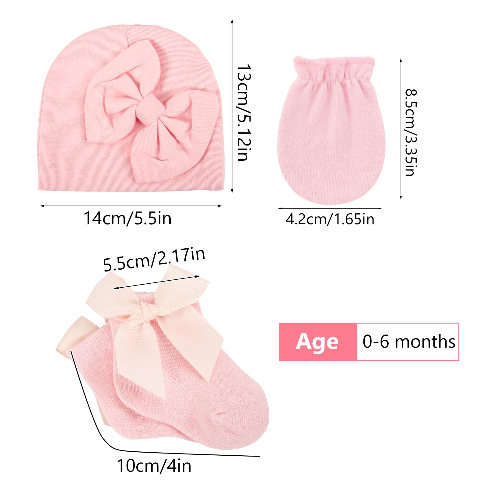 Frühchenmütze, Fäustlinge und Socken, 6 Stück, Baumwollschleifen-Kappen und kratzfeste Frühchen-Fäustlinge für Babys und Mädchen