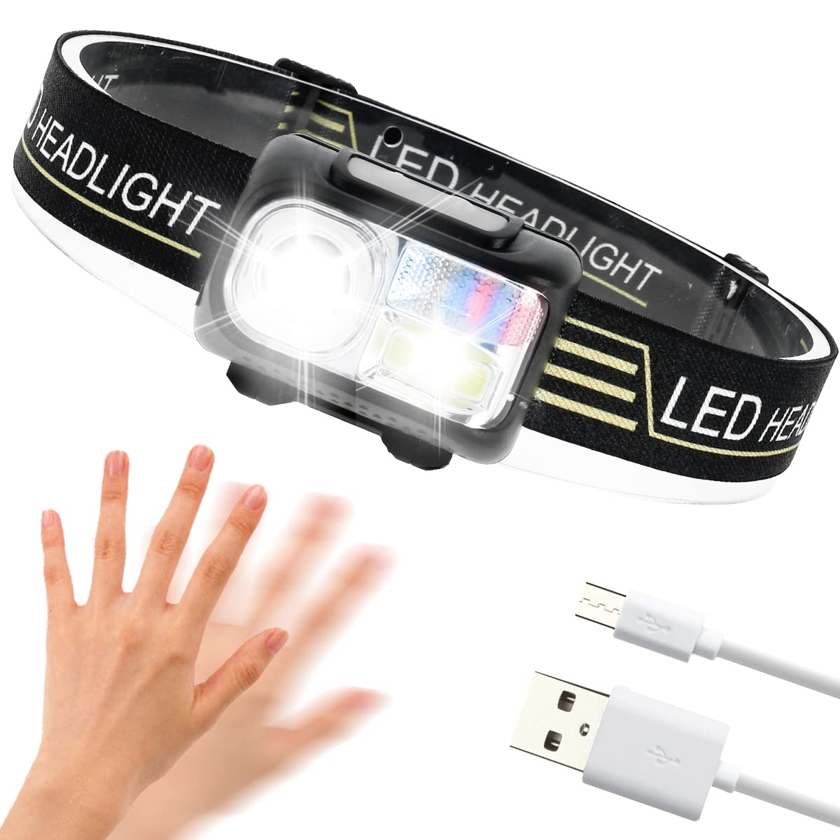 Mlfire Blue,Red Usb Rechargeable Led Headlamp Ipx4 Waterproof Headlight With 1200Mah Battery Gesture Sensing Head Torch Head Flashlight With Red And Blue Warning Lights For Fishing Hiking