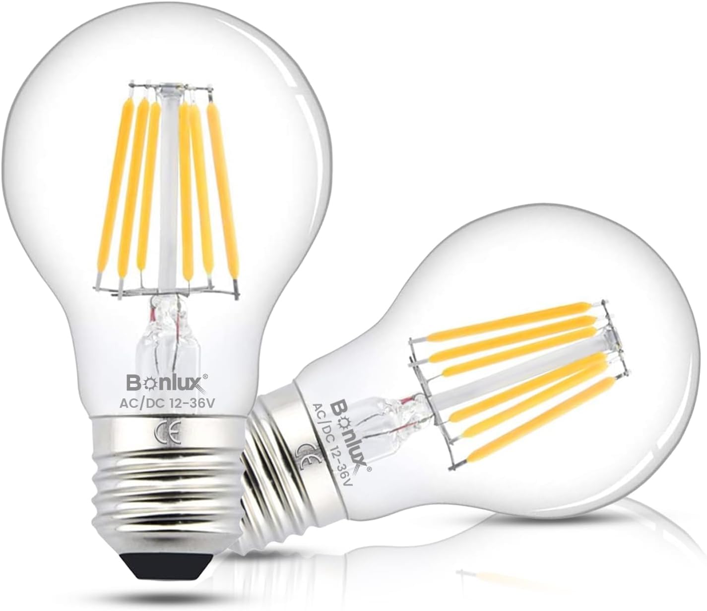 Bonlux 6W A60 E27 LED Light Bulbs AC/DC 12-24V Non-Dimmable Edison Screw LED Filament Bulb Warm White 2700K Vintage Bulb 360 Degree for RV Camper Marine Yacht Lorry (2-Pack)