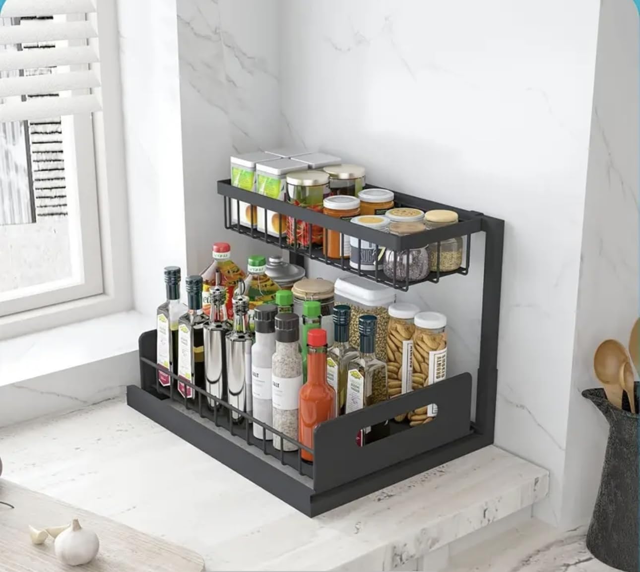 Estante organizador de cocina con 2 niveles, metálico negro, para cocina, baño