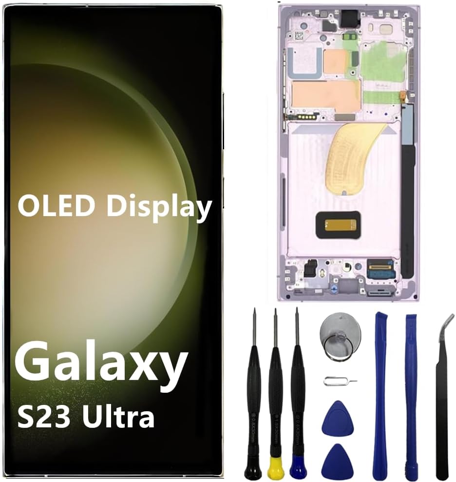 OLED for Samsung Galaxy S23 Ultra Screen Replacement S23ultra 5G S918U S918B/DS S918U1 S918W S918E LCD Display Touch Screen Digitizer Assembly Support Fingerprint and S-Pen (with White Frame+Tools)