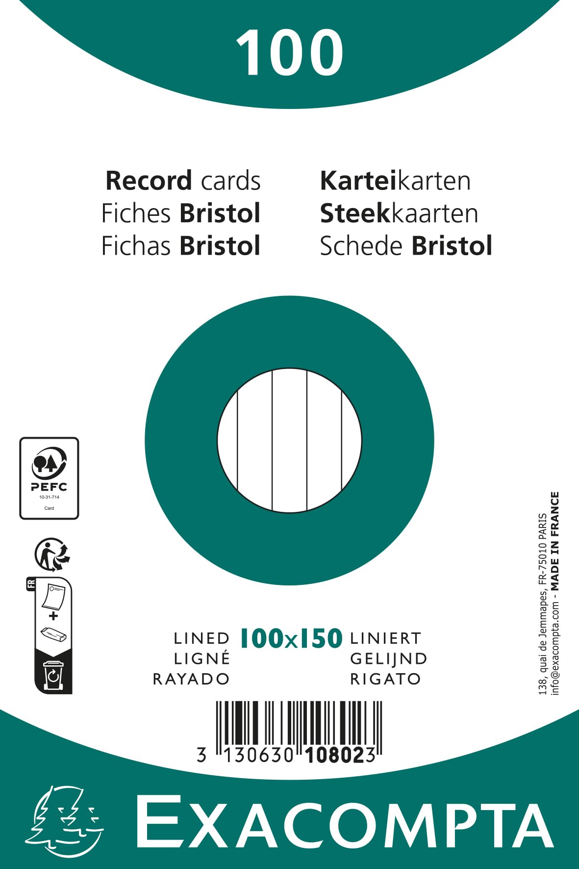 Exacompta - Ref 10802X - Box of 20 Packs of 100 unpunched Ruled Index Cards - Film Sealed - Suitable for Inkjet, Laser and photocopiers - Format 100 x 150 mm - White