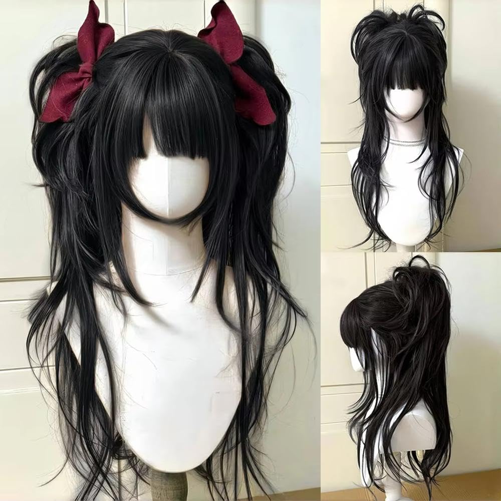 Haarpflege Mädchen Blonde Lange Lockige Wellige Haarperücke Mit Pony Doppelpferdeschwanz Für Cosplay Party Alltagskleidung(Black)