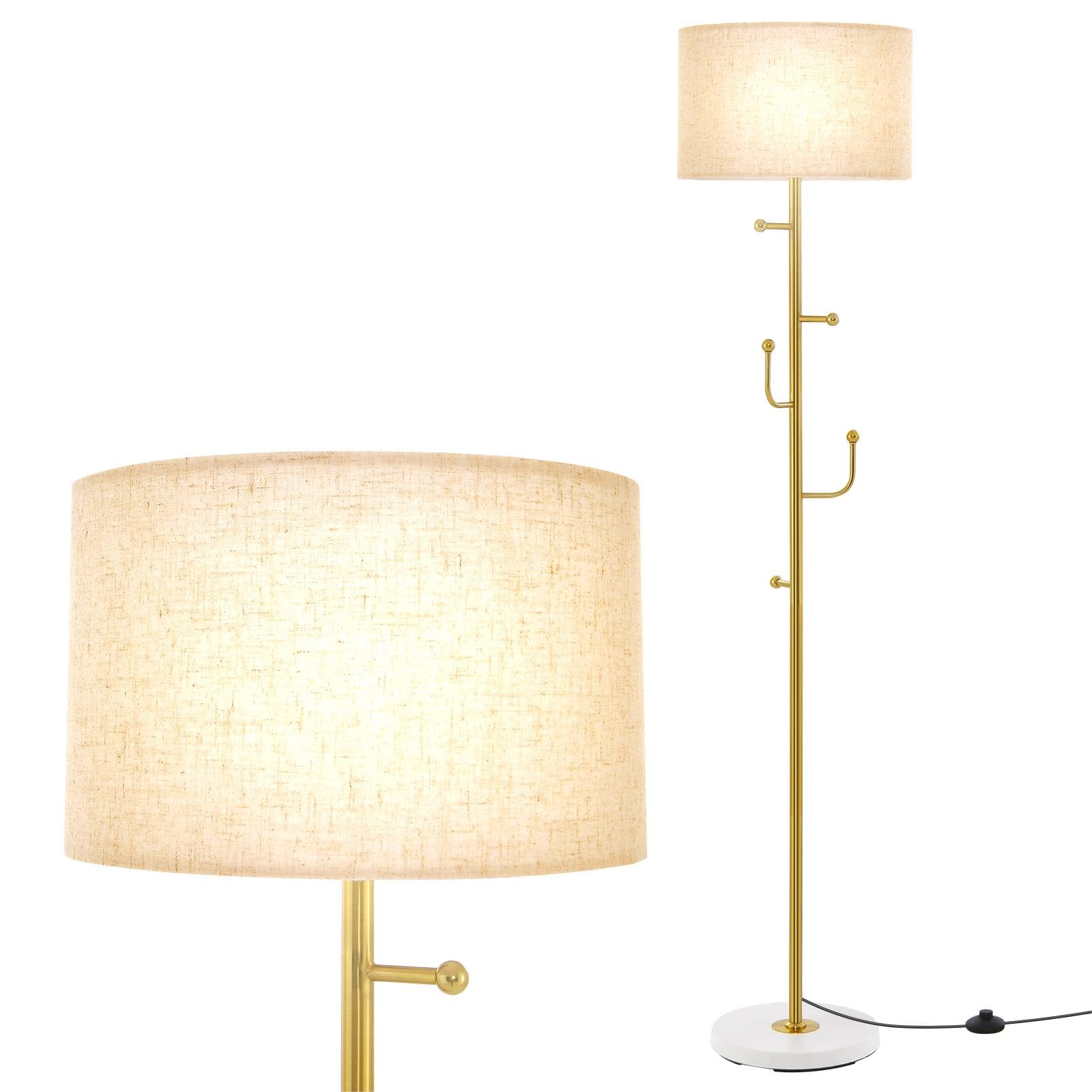 Floor Lamp with Coat Rack, Multi-Purpose Standing Lamp with Linen Fabric Lampshade, 5 Hooks, E27 Socket, Foot Switch & Large Base, Modern Reading Light for Living Room Bedroom Office