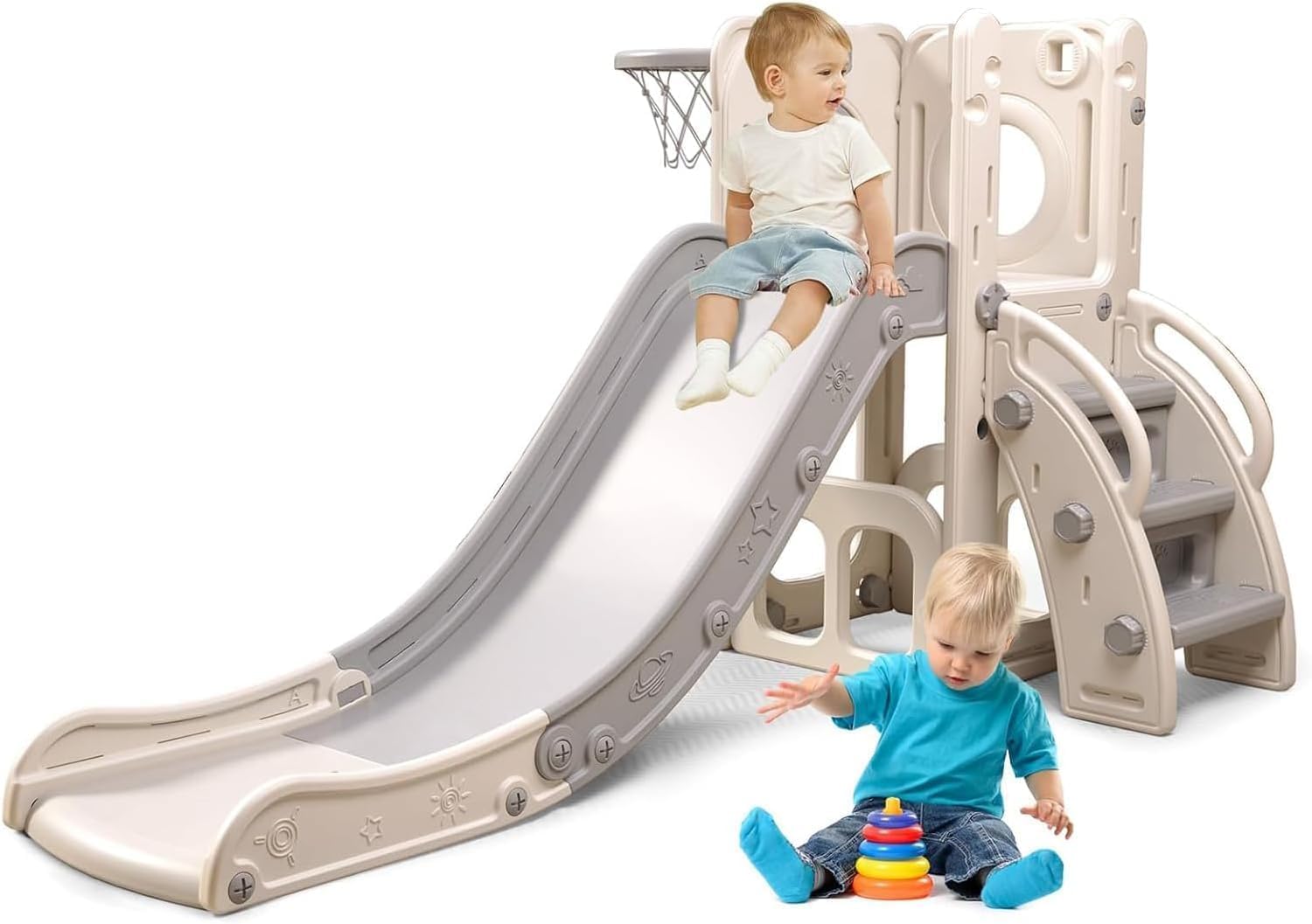 Rutsche Outdoor mit Basketballkorb und Fernrohr, robust | Glatte Rutschfläche,sicherer Stand,schnelle Montage,robustes Material,ideal für Familie