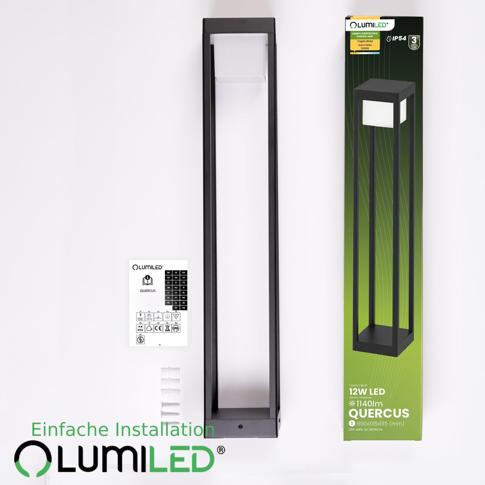 Lumiled LED Wegeleuchte 12W Außen Pollerleuchte 1140Lm 3000K IP54 80cm Schwarz Aluminium Wegbeleuchtung Außenleuchte Außenbeleuchtung Gartenleuchte Wegelampe stehend spritzwasserdicht warmweiß