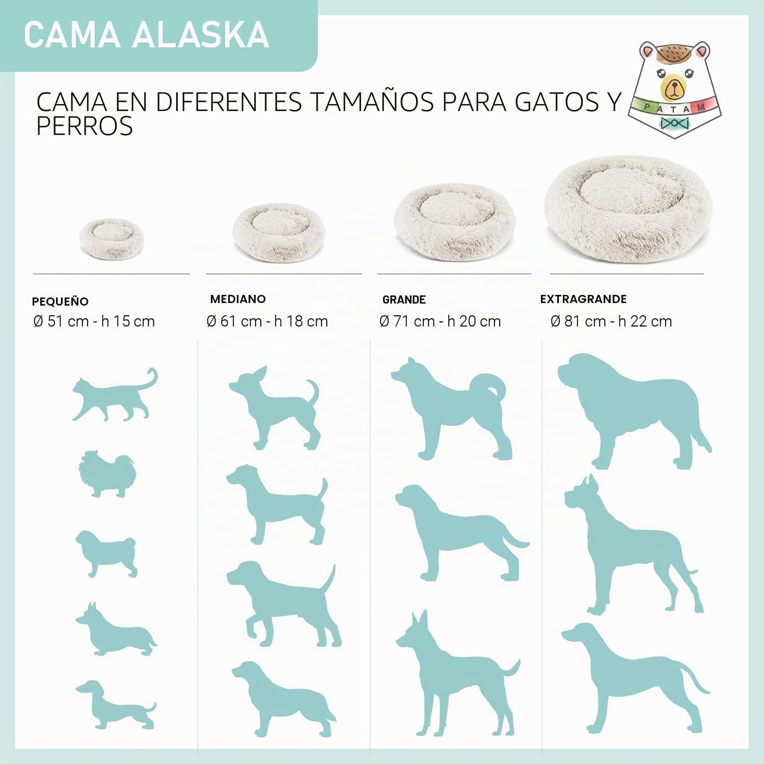PATAM Cama Redonda de Felpa para Perros y Gatos con Funda Lavable a máquina, Antideslizante - Alaska Crema, Extra-Large 81 cm