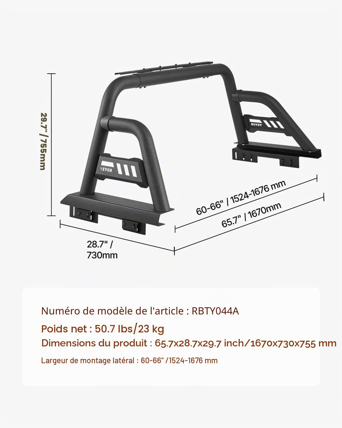 VEVOR Arceau de Sécurité Arrière pour Pick-up, Barre de Benne Réglable Universel, Compatible avec Pickup Pleine Grandeur, en Acier au Carbone, avec Support d'Extension pour Éclairage, Rack Non Inclus