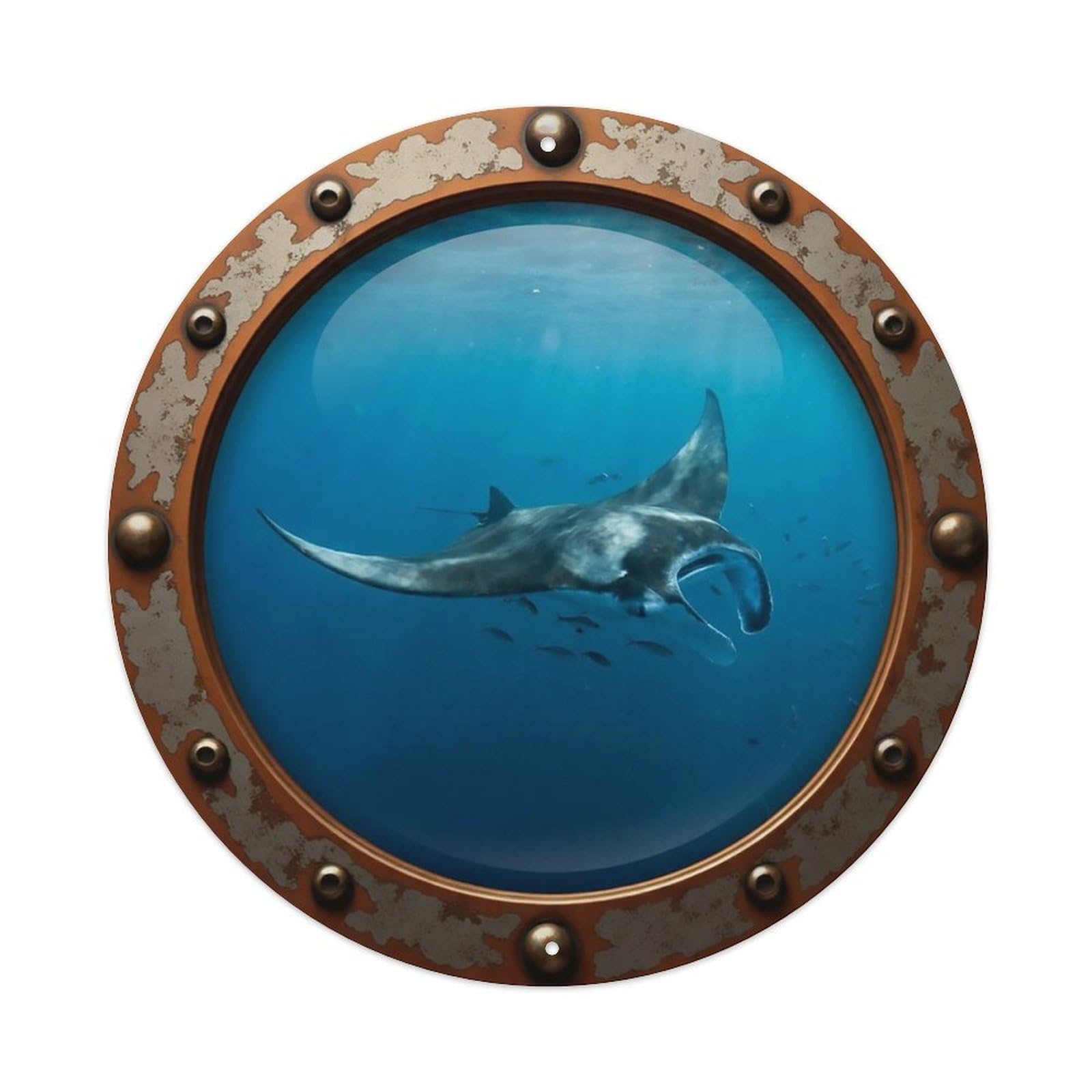 Odgynaw 8X8inch(20X20cm) Vintage Porthole Manta Ray Nautical Window View Metal Tin Sign