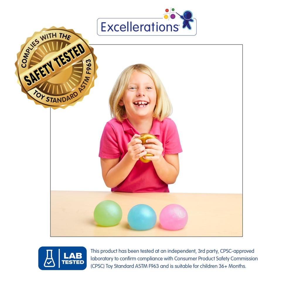 Excellerations Glitter Stress Balls - Set of 4 Colorful Sensory Squeeze Balls, Fidget Toy to Relieve Stress & Anxiety - Fun for Kids & Adults - Sensory Play and Self-Regulation