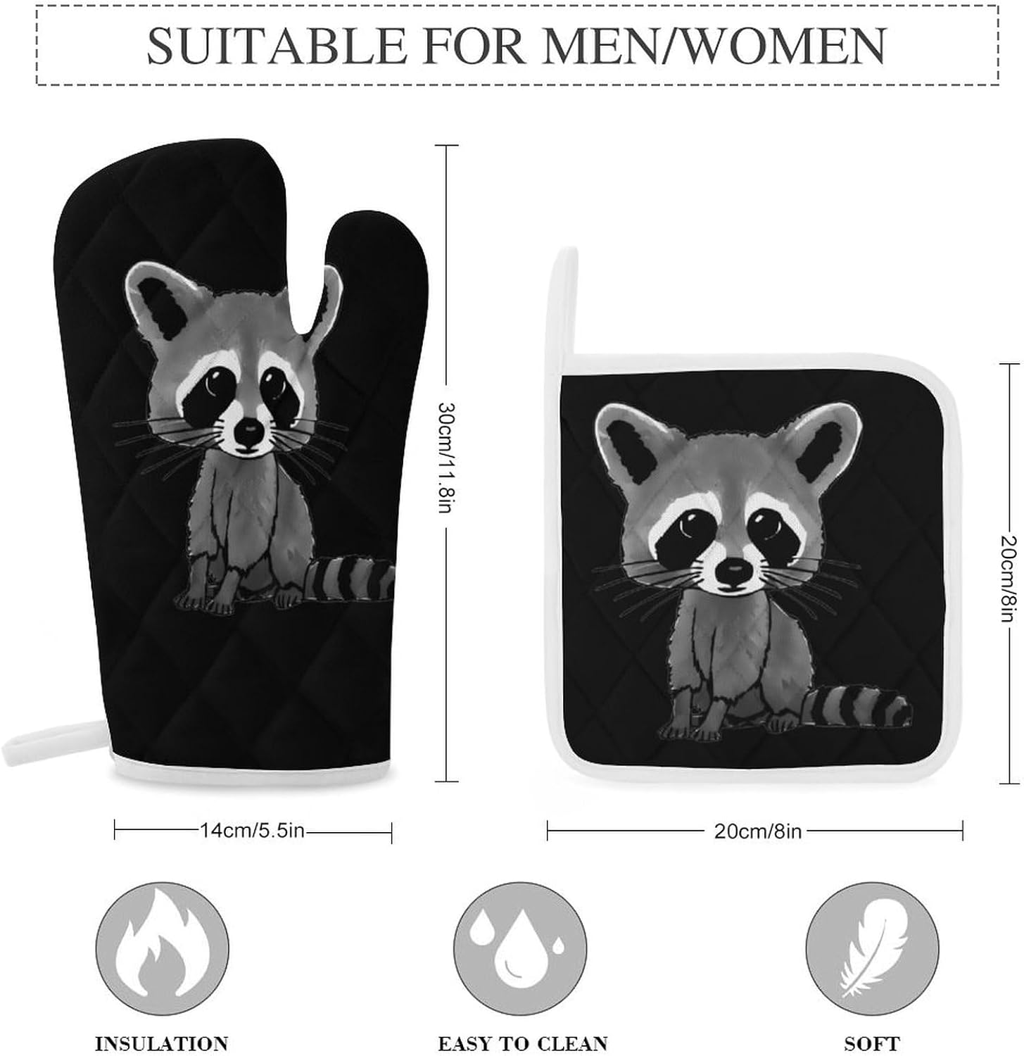 Cute Raccoon Print Oven Mitts and Pot Holders 3 Piece Sets Heat Resistant Gloves Hot Pads Potholders for Kitchen Baking Cooking