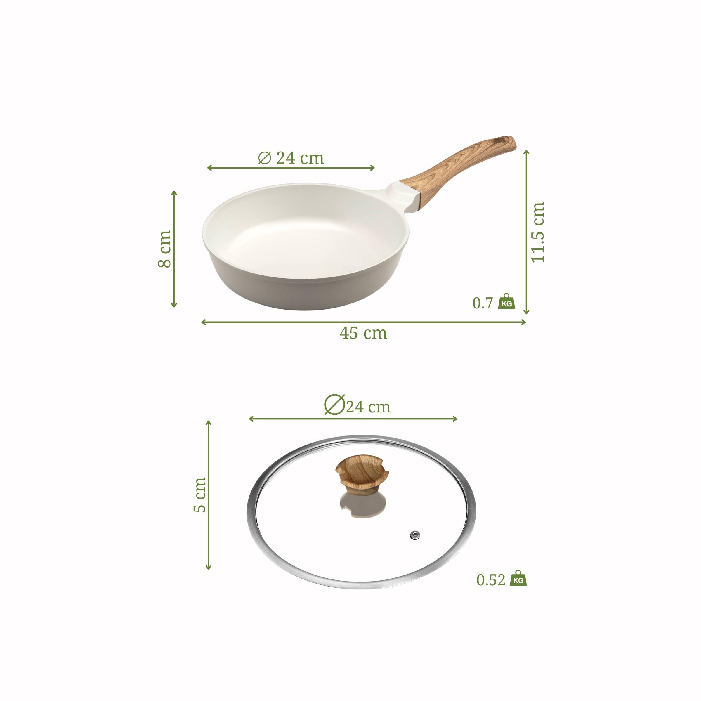 Cuisinox - Mythic - Sauteuse 24 cm avec revêtement en céramique blanche et couvercle assorti - Poignée Fixe Soft Touch effet bois - Sans PFOA et PFAS - Coloris Blanc et Gris