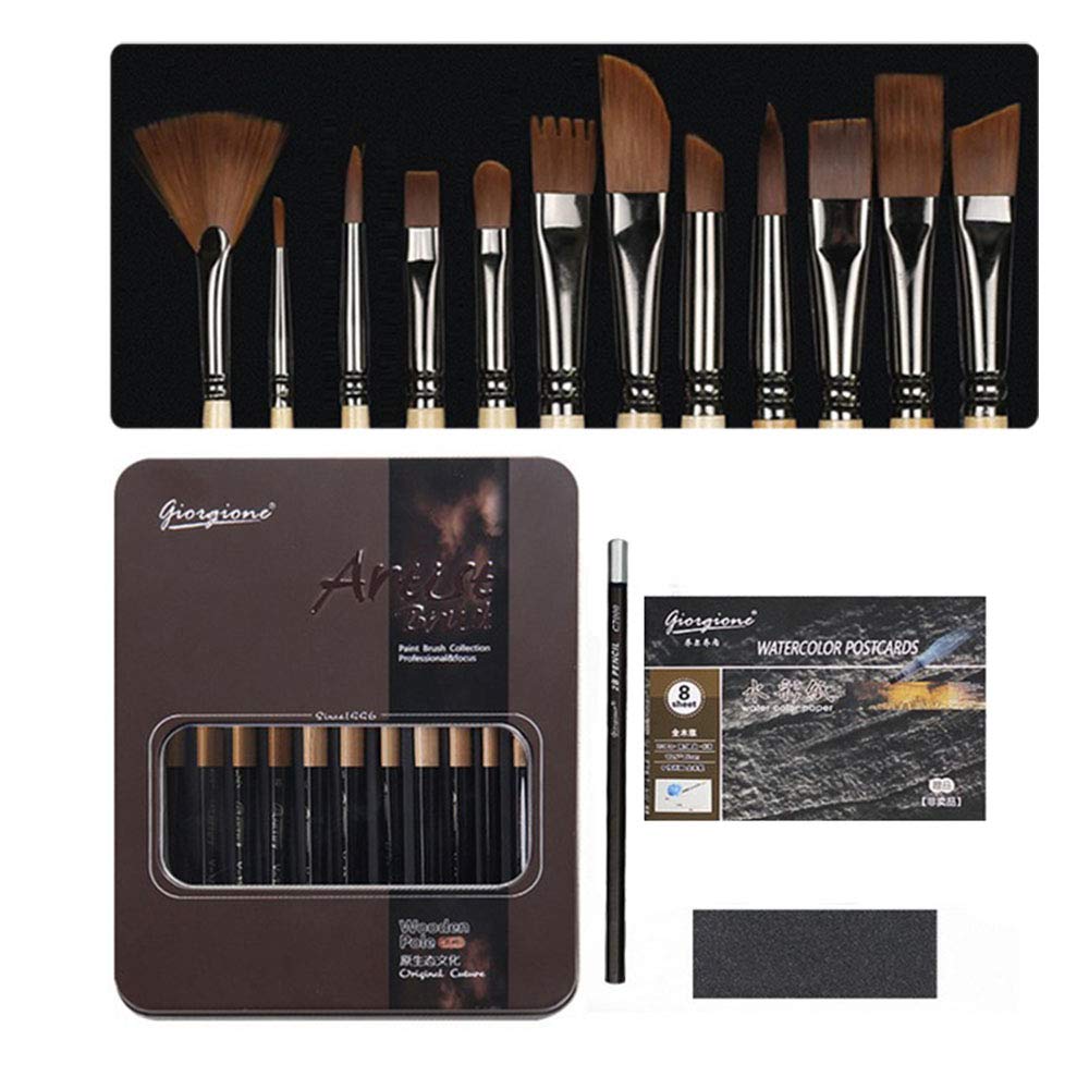 12 Watercolor Gouache Nylon Wood Brushes 8 Papers Sponge Pencil Set Paint Details Iron Boxed Gift Travel Portable Artist Art Supply