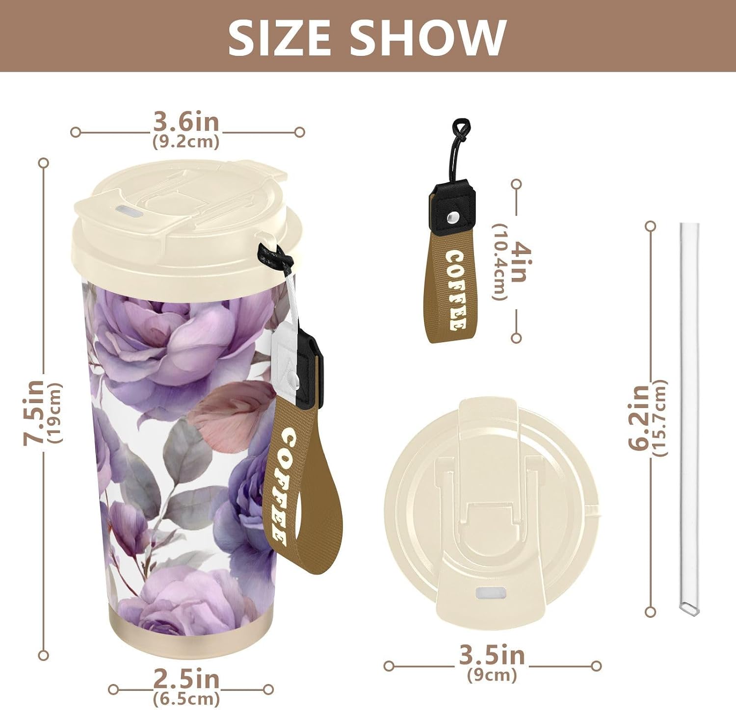 Rose Purple Leaf Insulated Coffee Mug with Straw & Flip Lid, 16.9oz Iced Tumbler Cup, Double Wall Vacuum Leak-Proof Mug for Travel Office