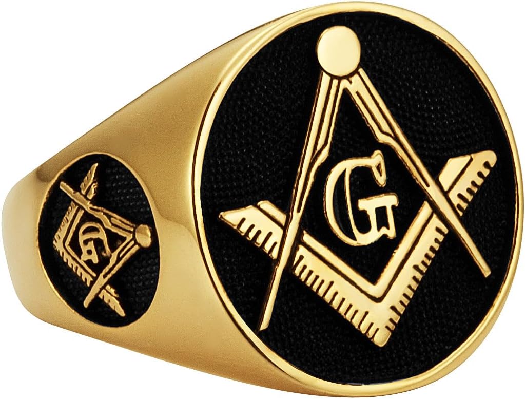 MasonicMan Mens Masonic Square and Compass Triple Sided Stainless Steel Ring Gift Pouch Gold Style