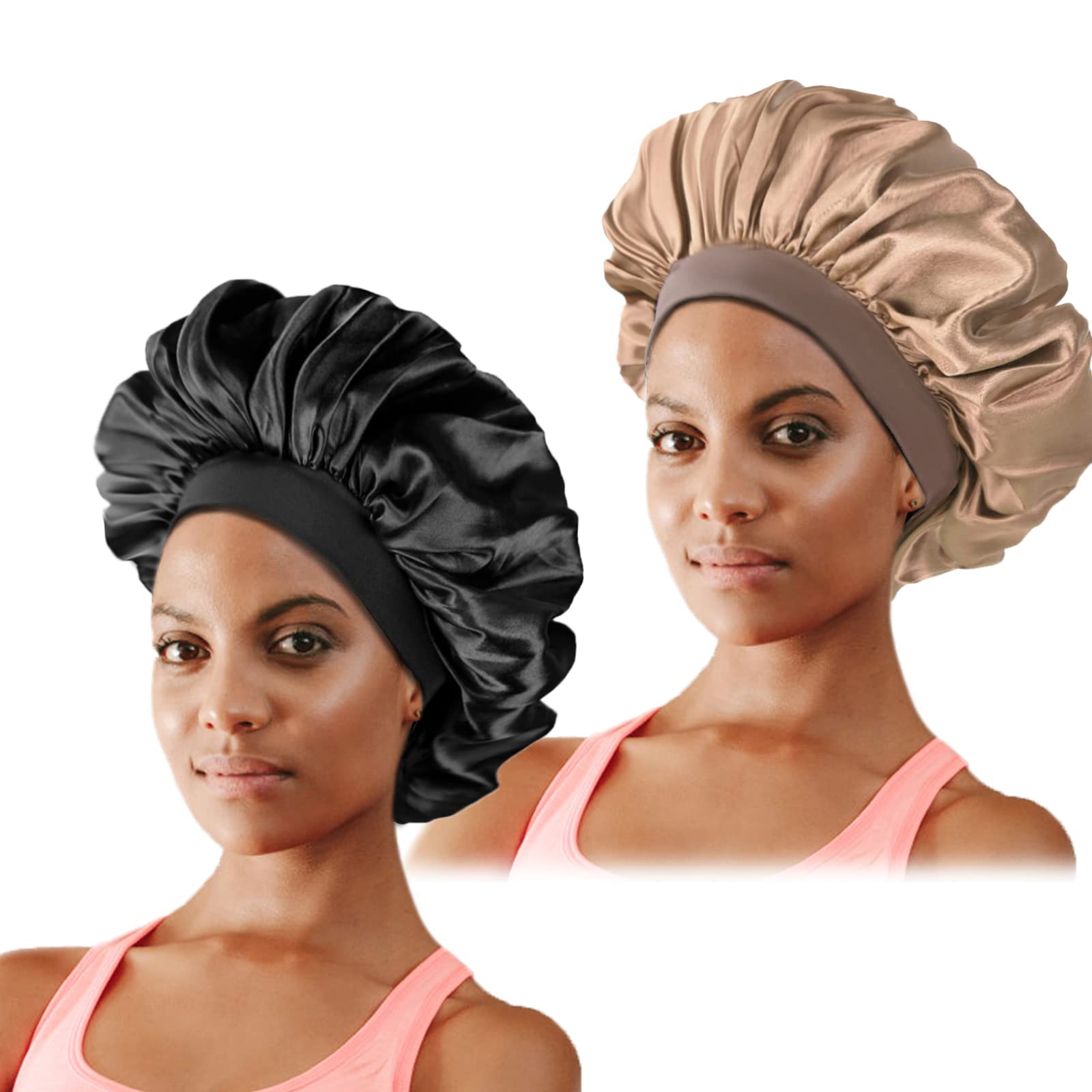 2Pcs Silk Bonnet for Sleeping, Satin Hair Bonnets, Soft Elastic Band Silk Sleep Cap, Silk Hair Wrap for Curly Hair (Black Gold)