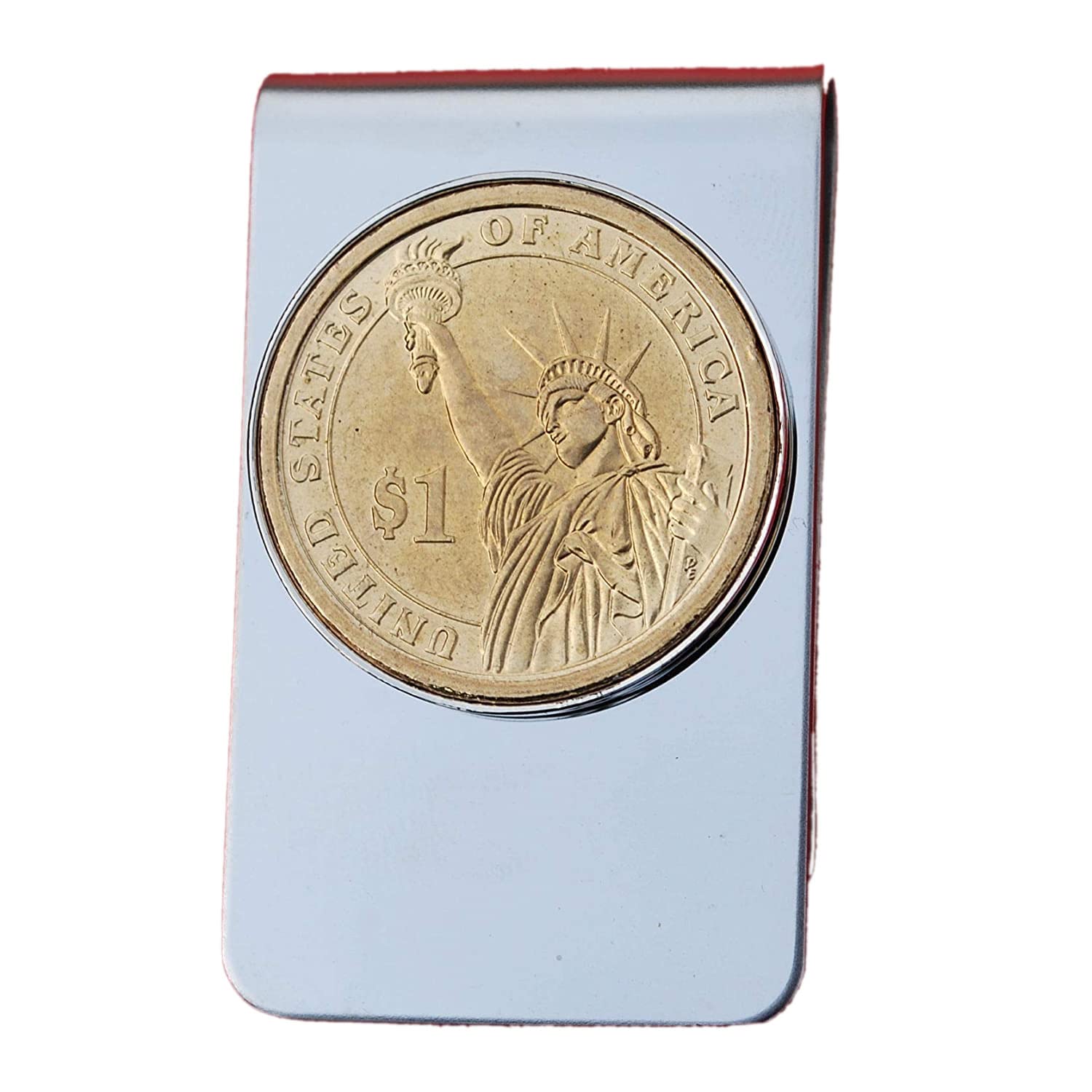 US 2007 ~ Current Year Presidential Dollar BU Uncirculated Coin Stainless Steel Gold Silver Two Tone Money Clip NEW - the Statue of Liberty