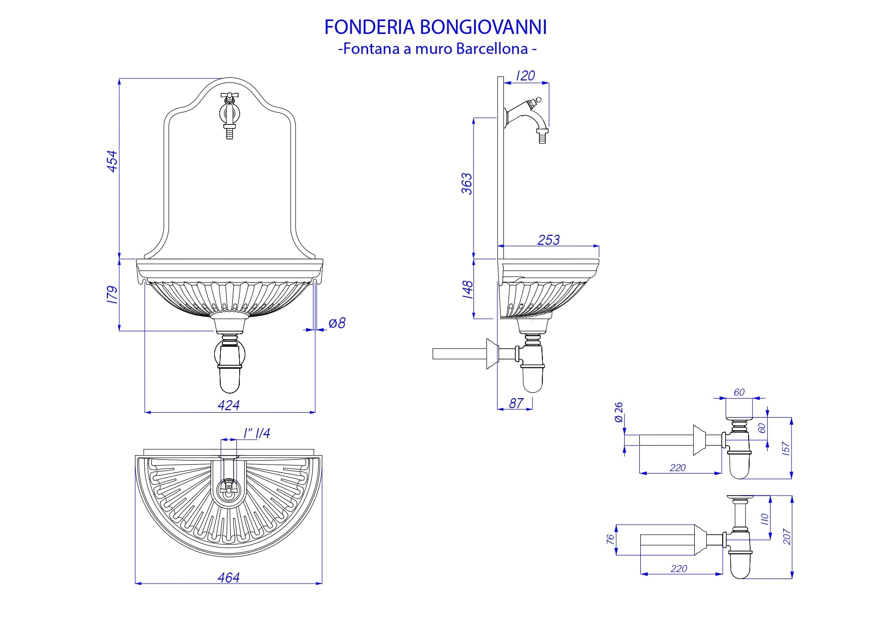 Fonderia Bongiovanni Fontana a Muro Parete Modello Barcellona per Casa Giardino con Rubinetto e Sifone in Ottone Finitura a Scelta (Brunito)