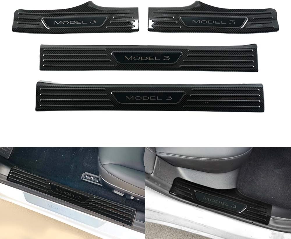 Mixsuper Car Door Sill Protector Chrome Trim Insert Carbon Fiber Look Stainless Steel Plate Guard Sills Protector for Tesla Model 3,4 Pack