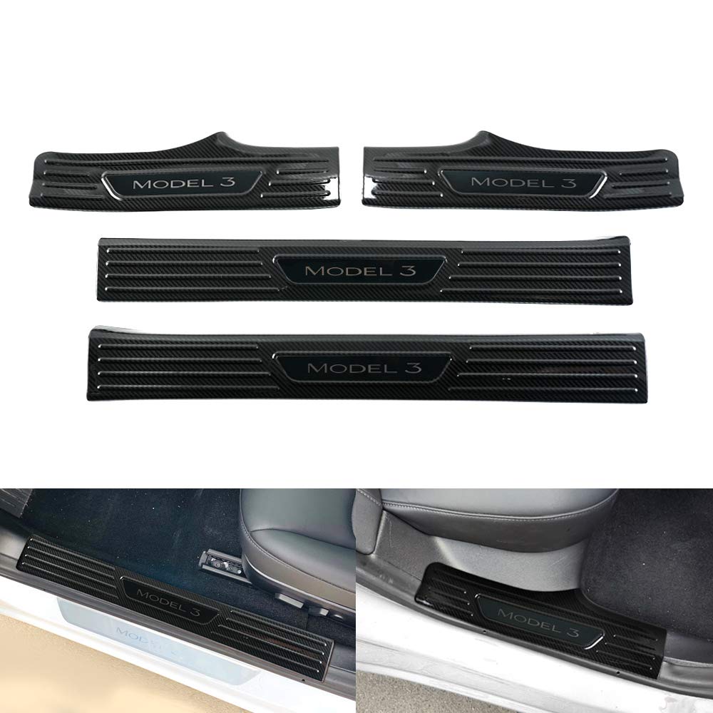 Mixsuper Car Door Sill Protector Chrome Trim Insert Carbon Fiber Look Stainless Steel Plate Guard Sills Protector for Tesla Model 3,4 Pack