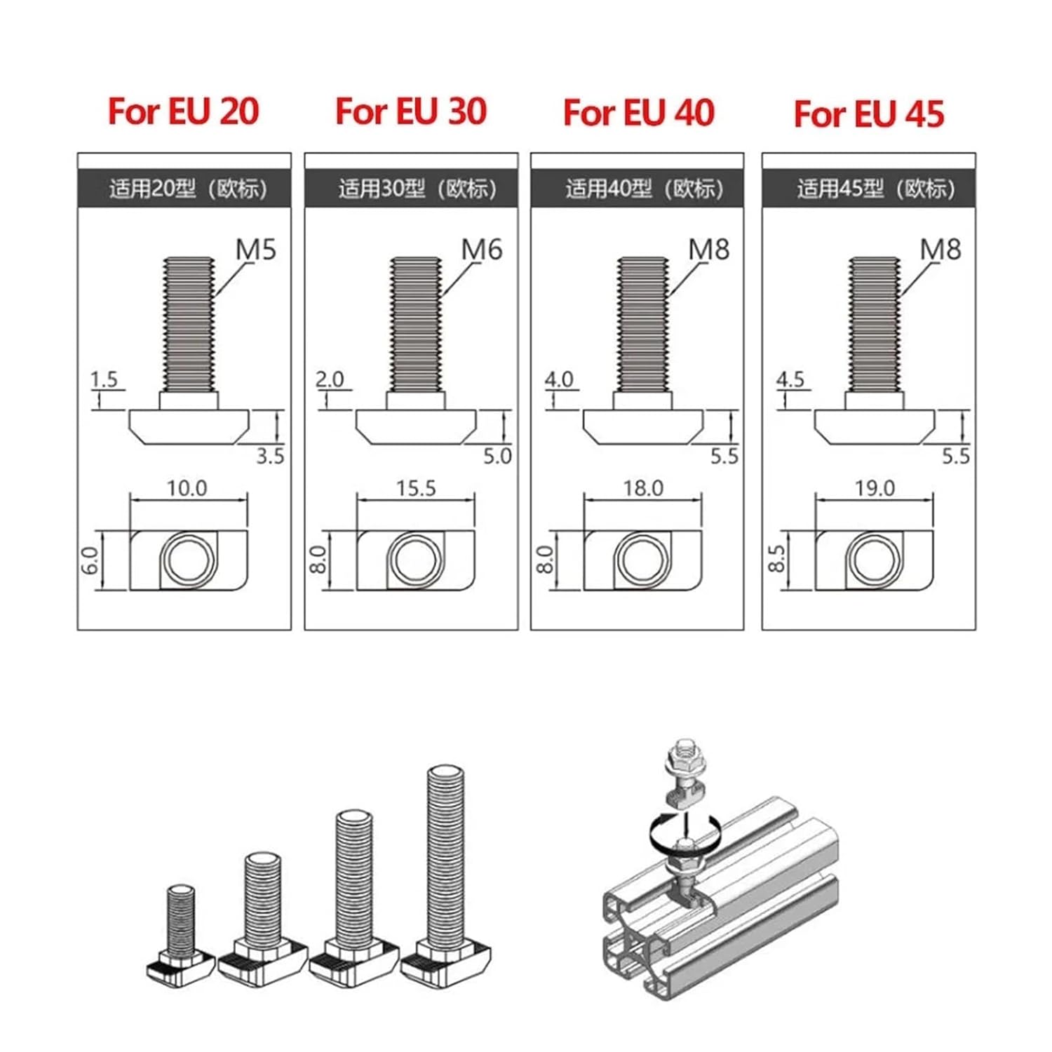20 Pcs EU Standard 20 30 Series T-Type Hammer Bolt Aluminum Profile Accessories T-Bolt Nut + Flange Nut M5 M6 M8 M10(30-M8x16)